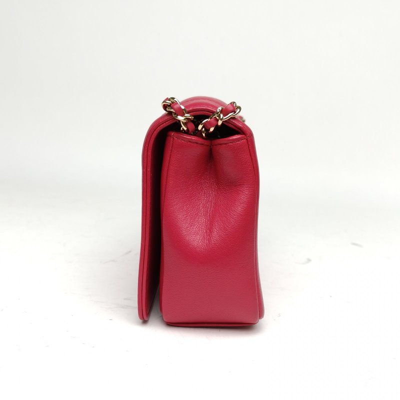 CHANEL 玫紅羊皮24開琺瑯扣季節款雙C口蓋包21肩背包-1