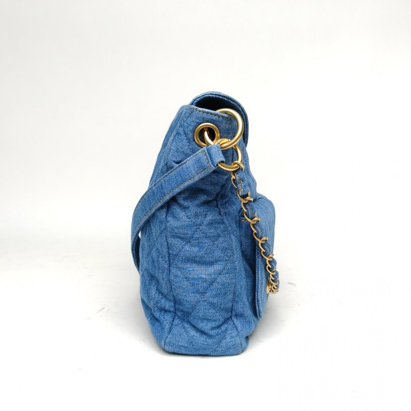 CHANEL Suppletwins24P嬉皮Hobo郵差包大號3藍色牛仔晶片肩背包-3
