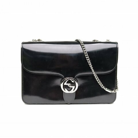 GUCCI Interlock風琴包中號28黑色牛皮銀扣肩背包