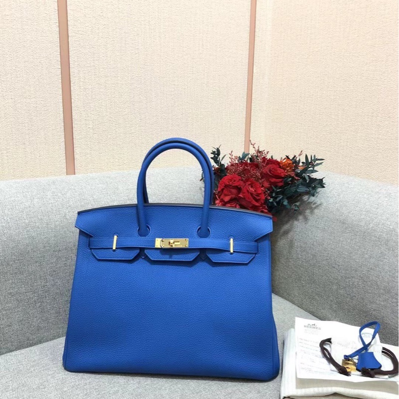 Hermes愛馬仕birkin35 i7琉璃藍togo皮金扣c刻 手提包-1
