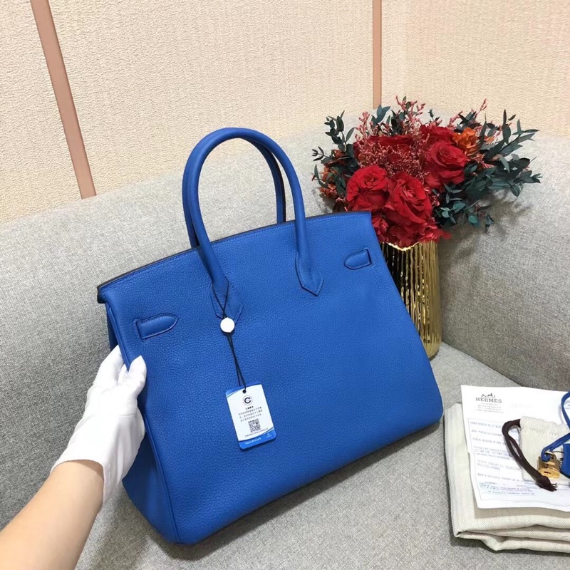 Hermes愛馬仕birkin35 i7琉璃藍togo皮金扣c刻 手提包-3