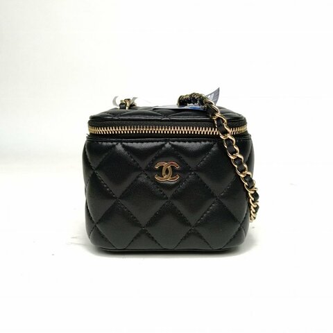 CHANEL 經典款方盒子化妝包黑色羊皮30開淺金扣單皮穿鏈肩背包