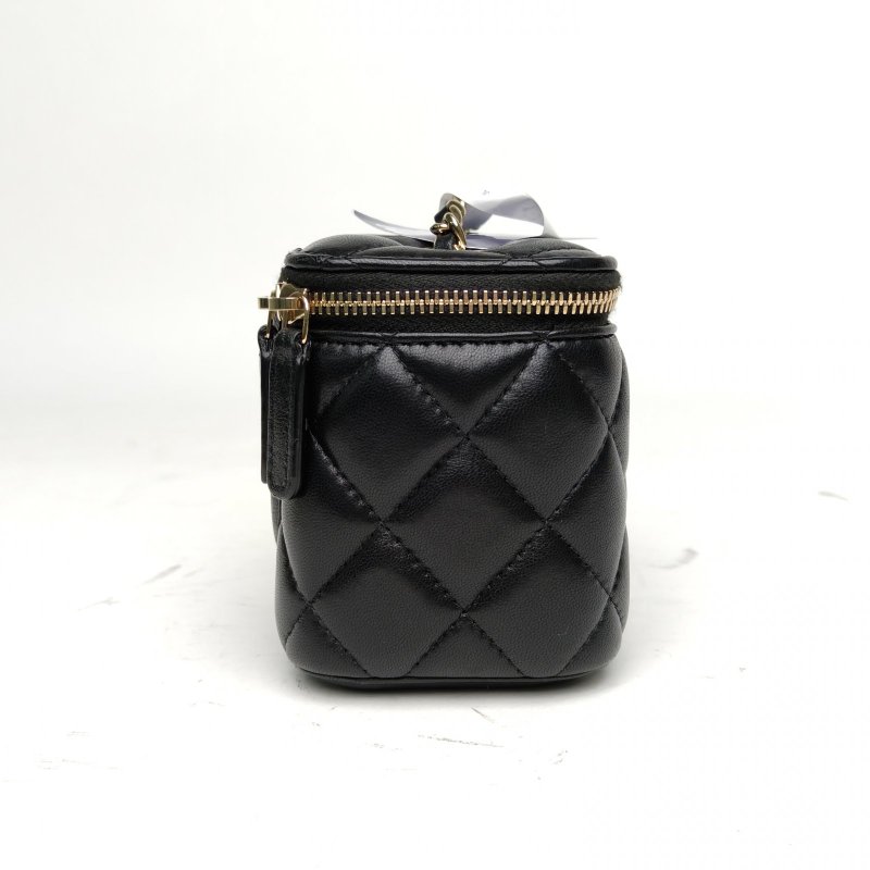 CHANEL 經典款方盒子化妝包黑色羊皮30開淺金扣單皮穿鏈肩背包-3