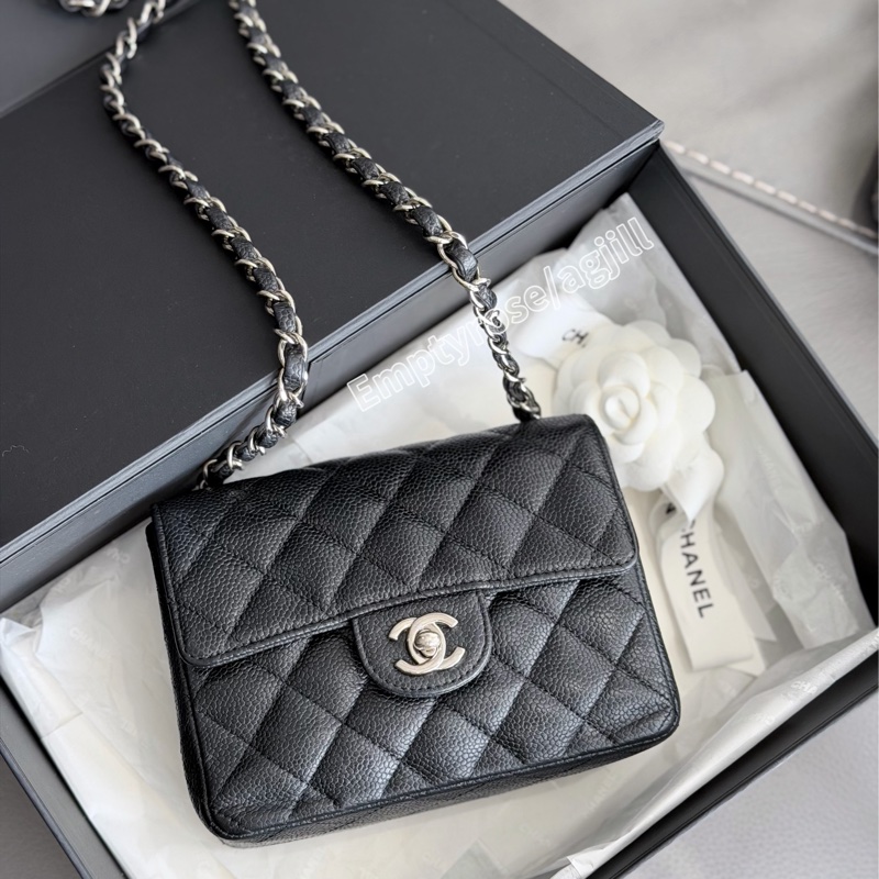 CHANEL 方胖黑銀絕版荔枝🍩CF Mini 17cm Black-0