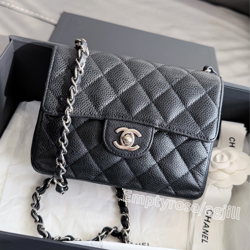 CHANEL 方胖黑銀絕版荔枝🍩CF Mini 17cm Black-1