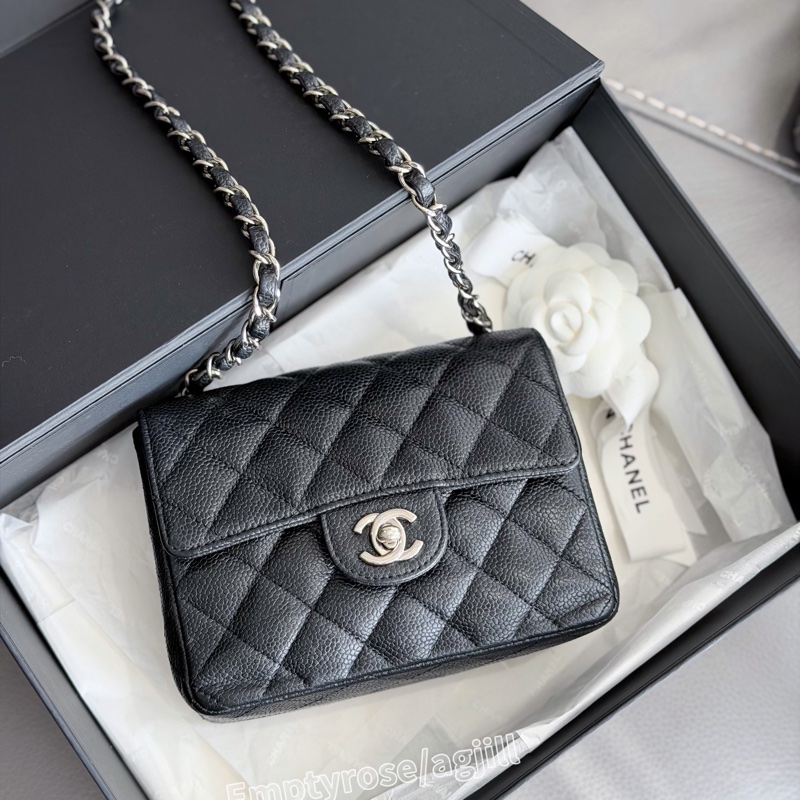 CHANEL 方胖黑銀絕版荔枝🍩CF Mini 17cm Black-2