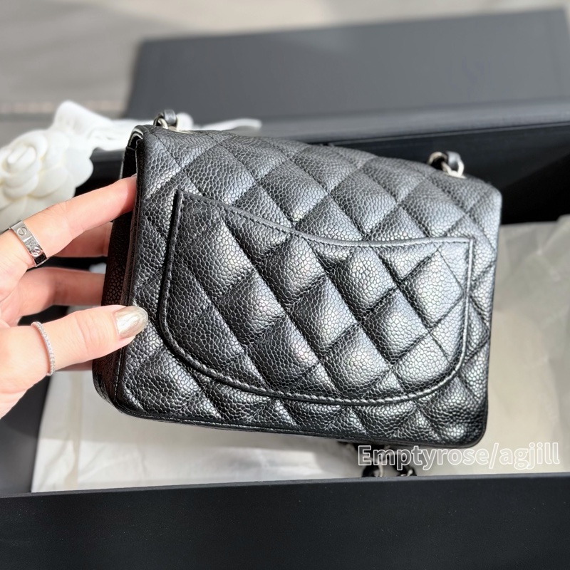 CHANEL 方胖黑銀絕版荔枝🍩CF Mini 17cm Black-4