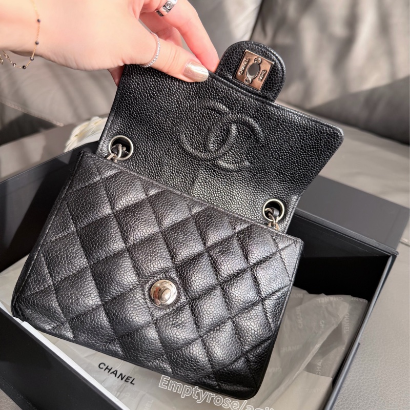 CHANEL 方胖黑銀絕版荔枝🍩CF Mini 17cm Black-5