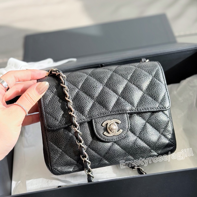 CHANEL 方胖黑銀絕版荔枝🍩CF Mini 17cm Black-7