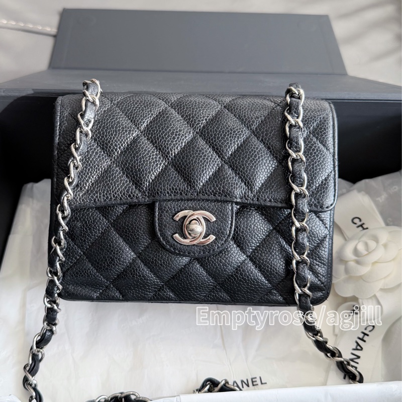 CHANEL 方胖黑銀絕版荔枝🍩CF Mini 17cm Black-8