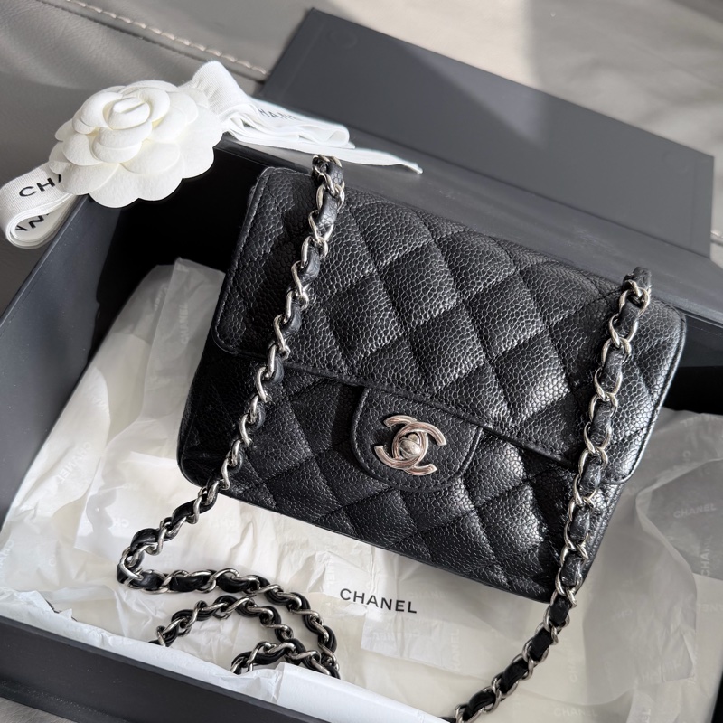 CHANEL 方胖黑銀絕版荔枝🍩CF Mini 17cm Black-11