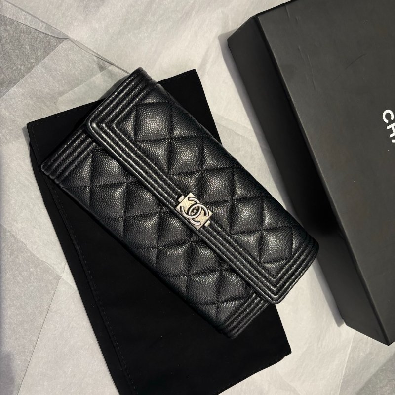 Chanel leboy錢包長款錢夾 黑銀荔枝牛皮 99新配件塵袋 盒子-1