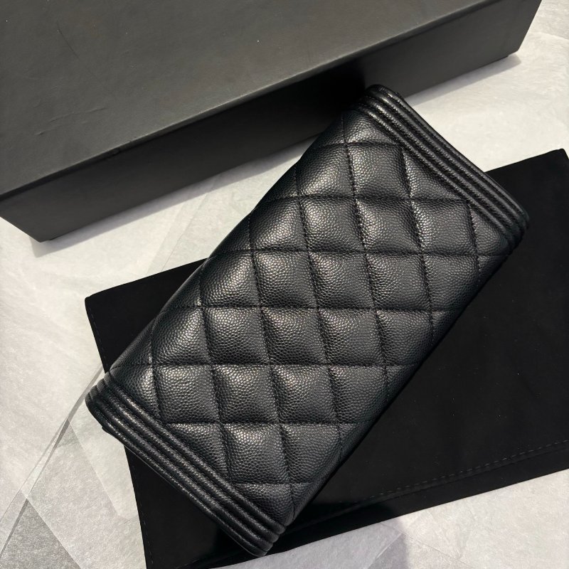 Chanel leboy錢包長款錢夾 黑銀荔枝牛皮 99新配件塵袋 盒子-8