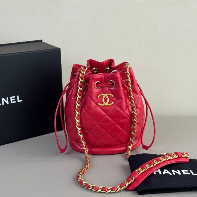 Chanel 紅金 油蠟牛皮 菠蘿扣  水桶包 芯片款16*18cm 99新配件塵袋-1