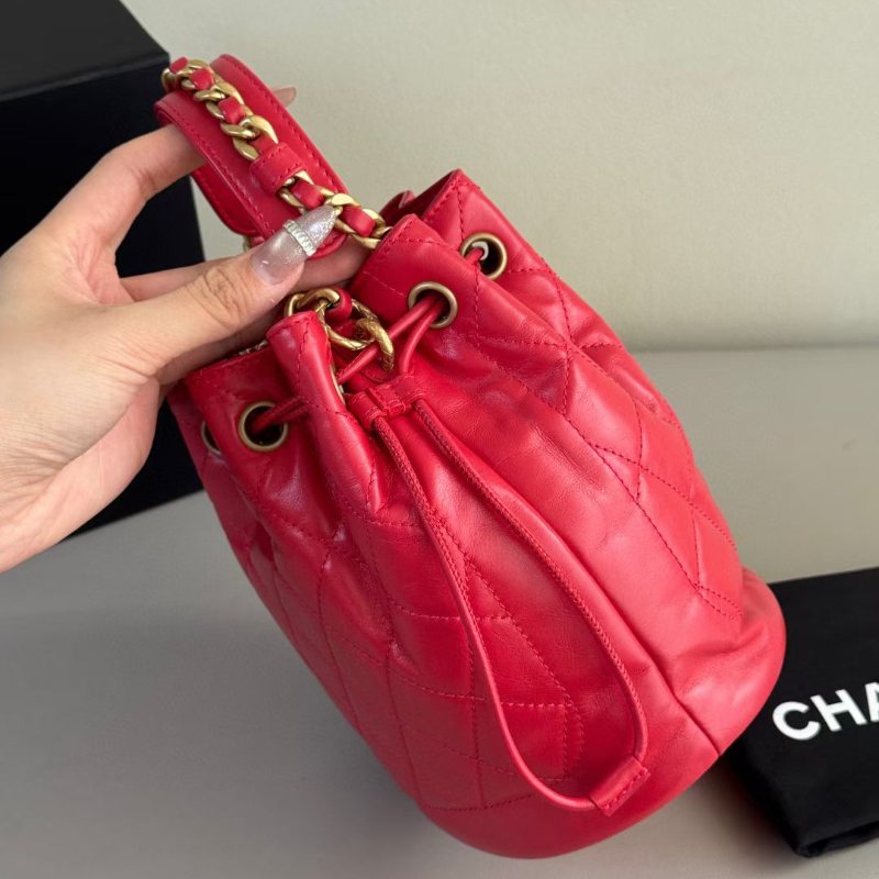 Chanel 紅金 油蠟牛皮 菠蘿扣  水桶包 芯片款16*18cm 99新配件塵袋-2