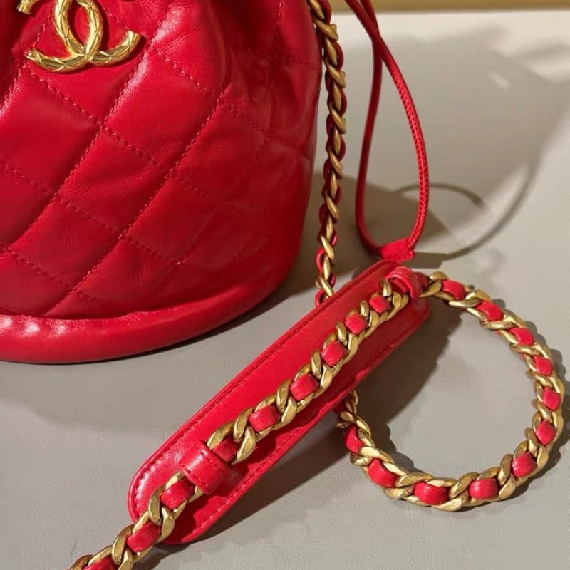 Chanel 紅金 油蠟牛皮 菠蘿扣  水桶包 芯片款16*18cm 99新配件塵袋-3