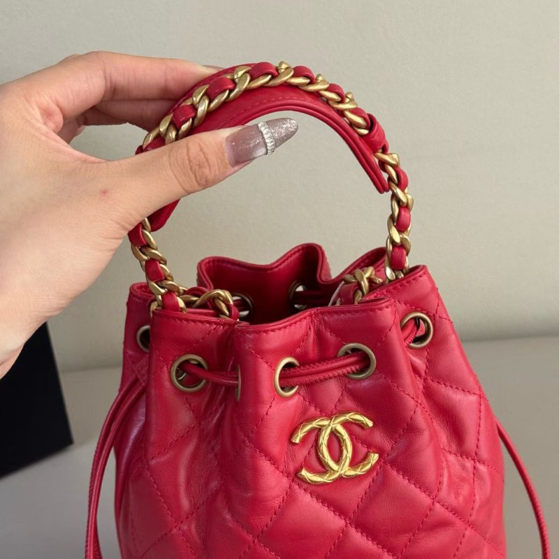Chanel 紅金 油蠟牛皮 菠蘿扣  水桶包 芯片款16*18cm 99新配件塵袋-4