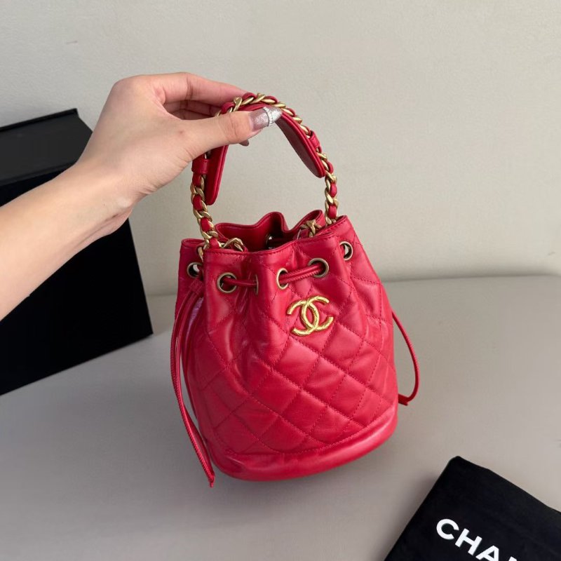 Chanel 紅金 油蠟牛皮 菠蘿扣  水桶包 芯片款16*18cm 99新配件塵袋-5