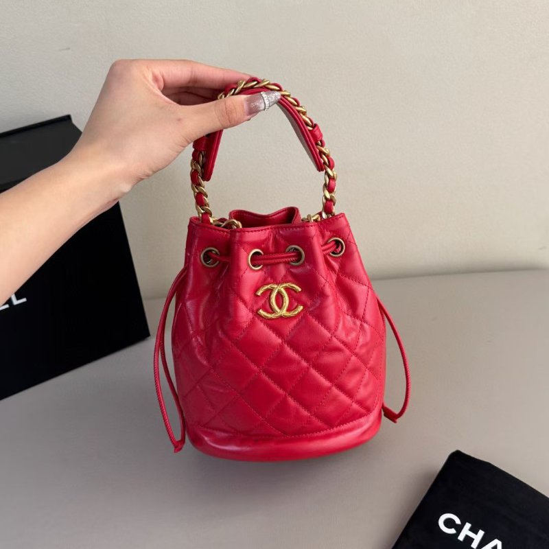 Chanel 紅金 油蠟牛皮 菠蘿扣  水桶包 芯片款16*18cm 99新配件塵袋-6