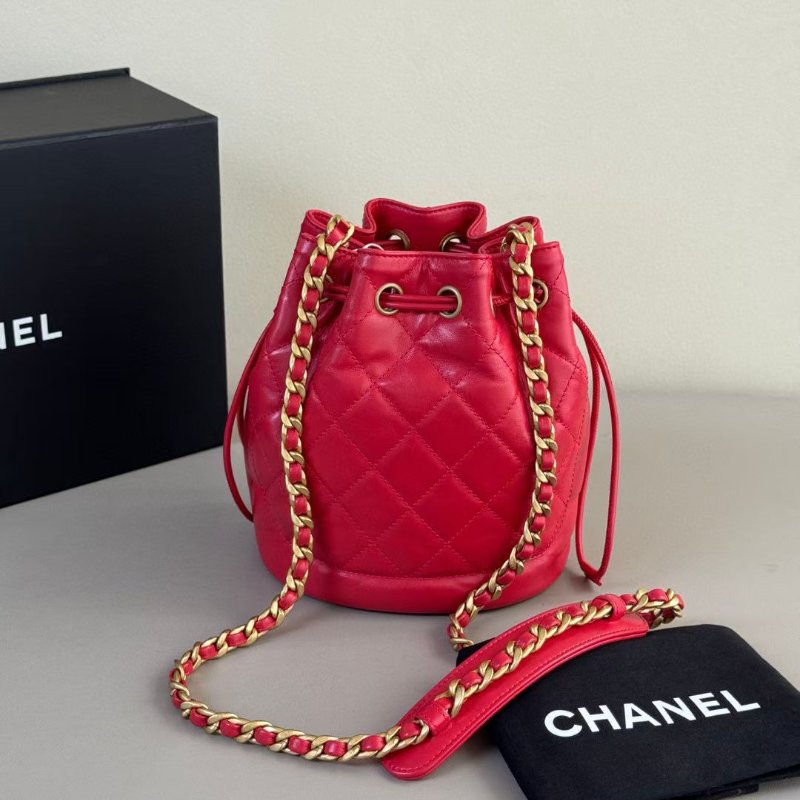 Chanel 紅金 油蠟牛皮 菠蘿扣  水桶包 芯片款16*18cm 99新配件塵袋-7