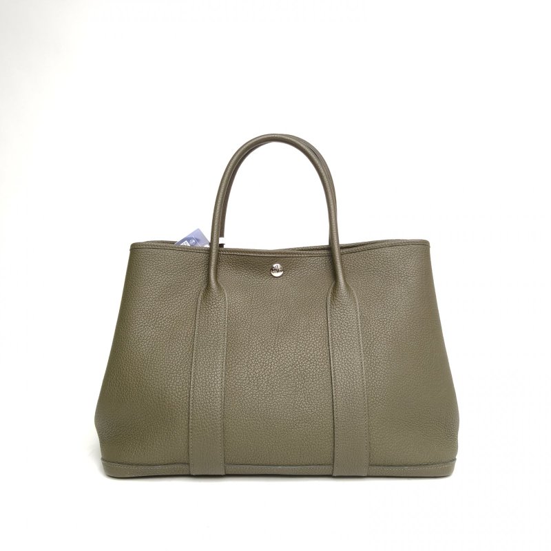 HERMES GardenParty花園包36灰綠色NEGONA皮Y刻銀扣肩背包-2