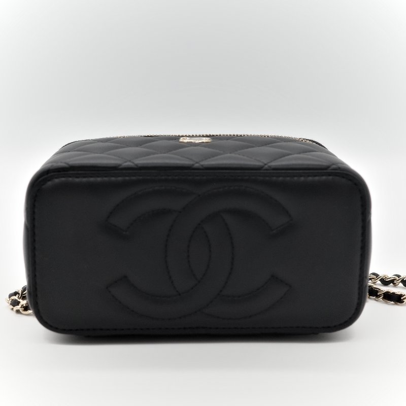 Chanel 香奈兒 Mini Square Pearl Crush 方胖子 黑色 羊皮小足球 斜背鏈帶包-7
