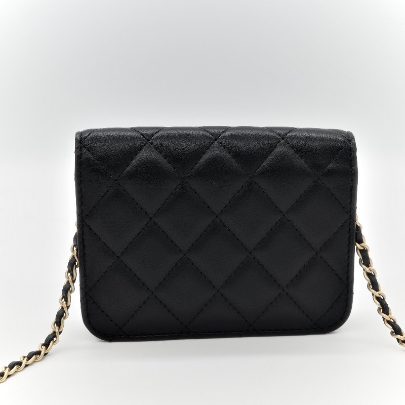 Chanel 香奈兒 黑色羊皮 金球 鏈條 腰包-1