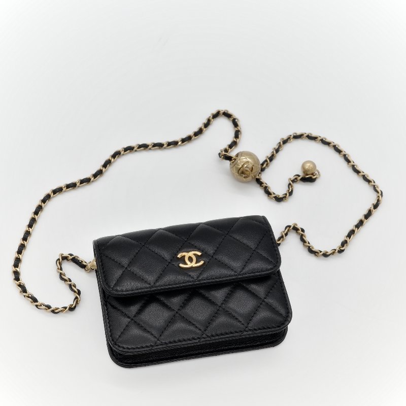 Chanel 香奈兒 黑色羊皮 金球 鏈條 腰包-2