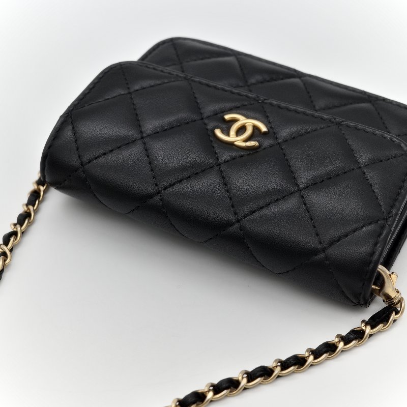 Chanel 香奈兒 黑色羊皮 金球 鏈條 腰包-5
