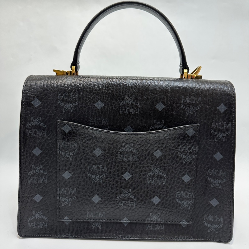 MCM 黑牛皮滿版logo雙層手提斜背包-3