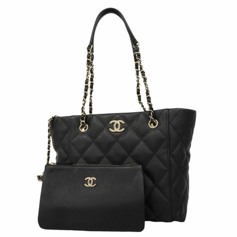 香奈兒絎縫鏈條手提包，魚子醬紋皮革，黑色/香檳色，女士