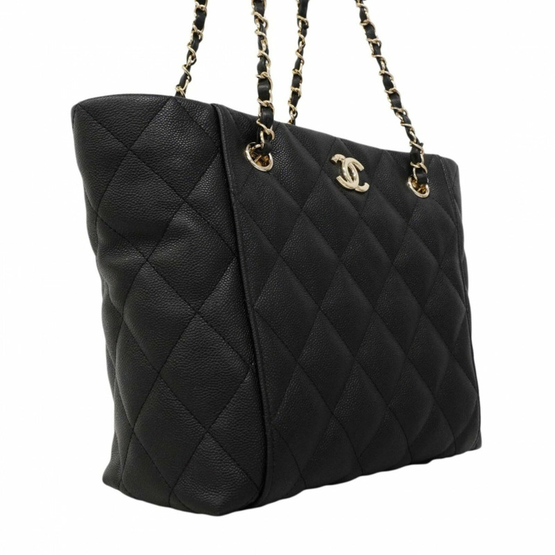 香奈兒絎縫鏈條手提包，魚子醬紋皮革，黑色/香檳色，女士-1