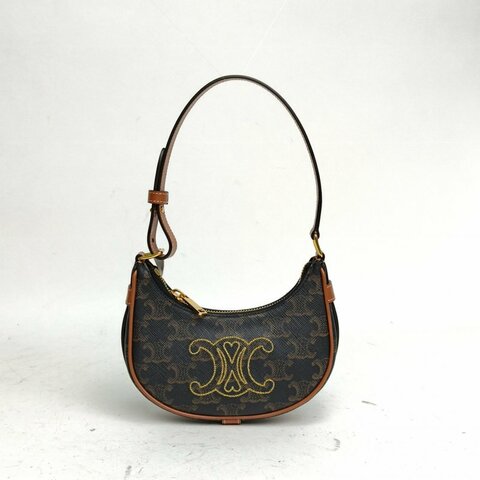 CELINE AVA豌豆包腋下包Mini凱旋門印花褐色PVC金扣肩背包