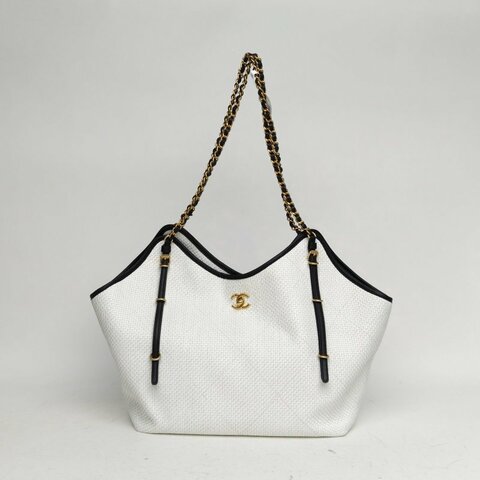 CHANEL 26C早春度假系列拉菲草編織托特包31白色草編晶片開金扣肩背包