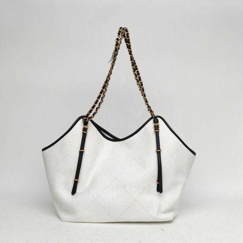 CHANEL 26C早春度假系列拉菲草編織托特包31白色草編晶片開金扣肩背包-2