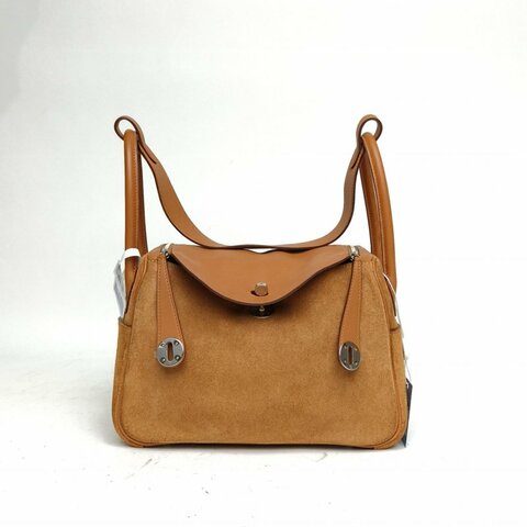 HERMES Lindy2637金棕色Swift皮/麂皮C刻銀扣肩背包