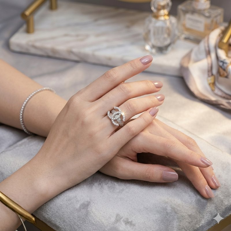 Chanel 15V Ring 淡金經典水鑽雙C戒指-2