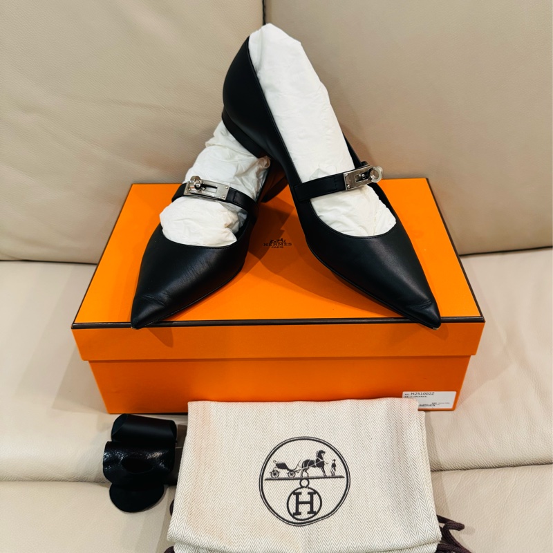 Hermes 愛馬仕 Kelly 尖頭芭蕾舞鞋/平底鞋/黑銀款/37號/95新美品-0