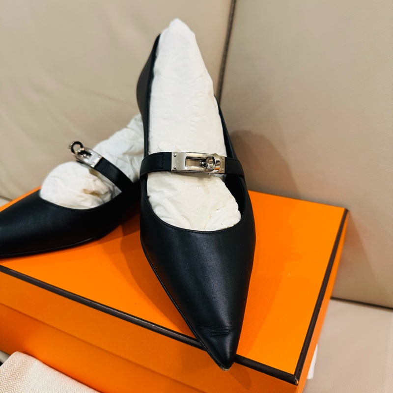 Hermes 愛馬仕 Kelly 尖頭芭蕾舞鞋/平底鞋/黑銀款/37號/95新美品-1