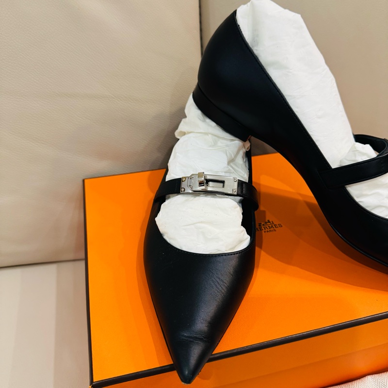 Hermes 愛馬仕 Kelly 尖頭芭蕾舞鞋/平底鞋/黑銀款/37號/95新美品-2