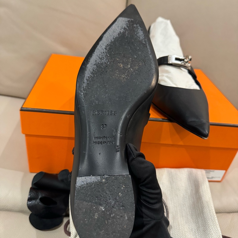 Hermes 愛馬仕 Kelly 尖頭芭蕾舞鞋/平底鞋/黑銀款/37號/95新美品-7