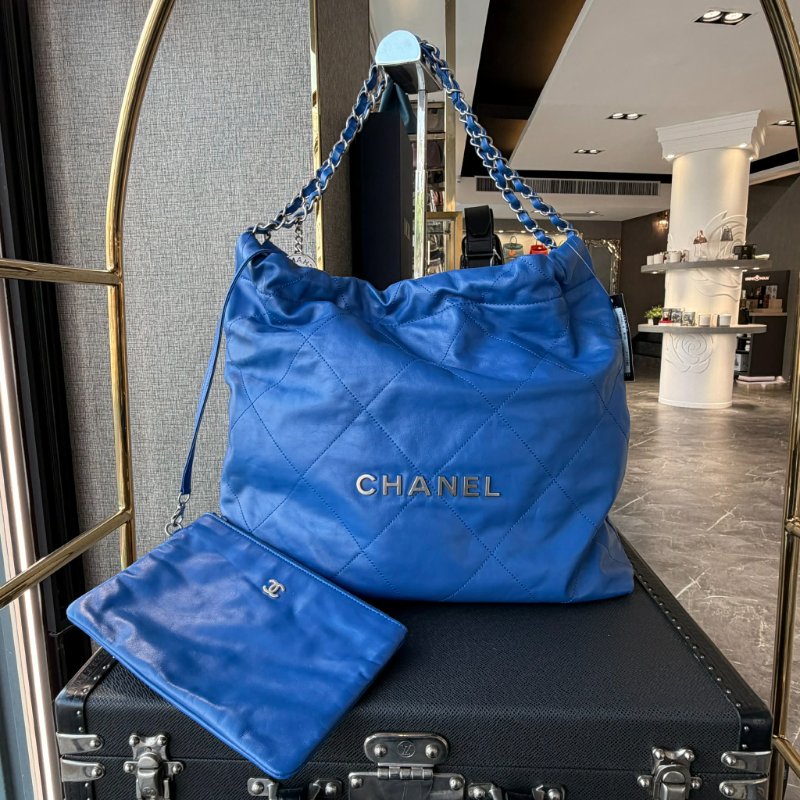 CHANEL 小牛皮 22包 中款 藍色 晶片款-2
