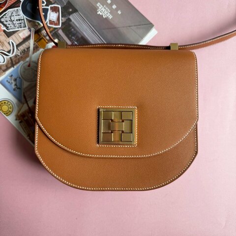 💥絕版款 Hermes 棕色馬賽克金釦肩背斜背兩用包24CM