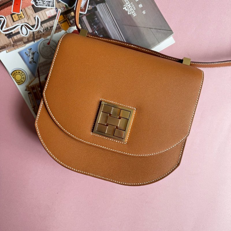 💥絕版款 Hermes 棕色馬賽克金釦肩背斜背兩用包24CM-1