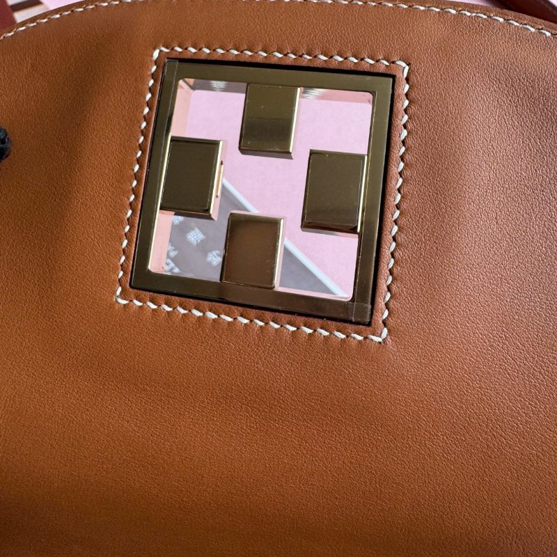 💥絕版款 Hermes 棕色馬賽克金釦肩背斜背兩用包24CM-11