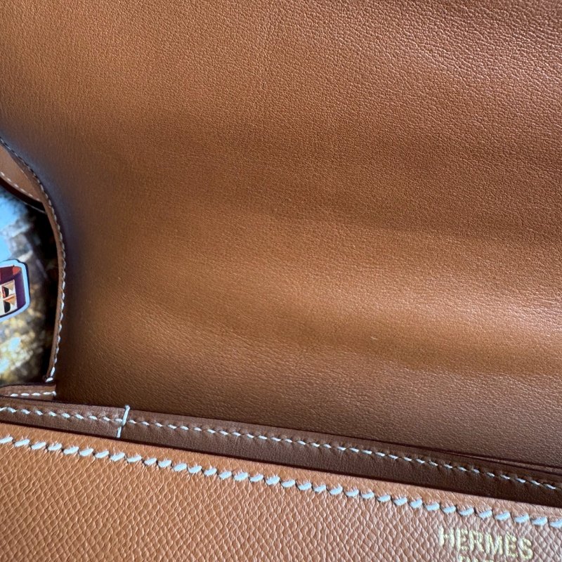 💥絕版款 Hermes 棕色馬賽克金釦肩背斜背兩用包24CM-13