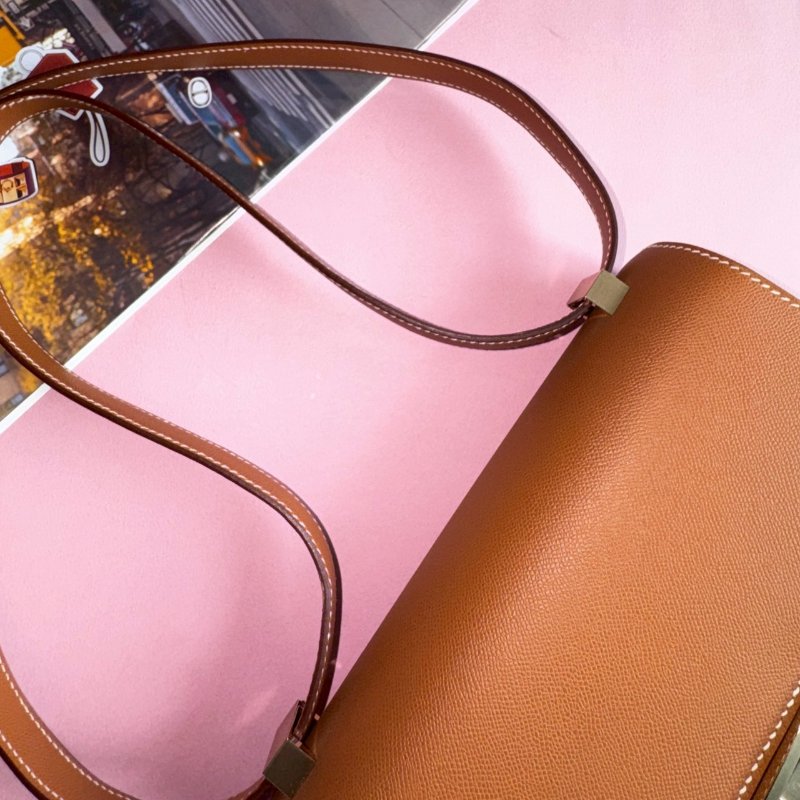 💥絕版款 Hermes 棕色馬賽克金釦肩背斜背兩用包24CM-17