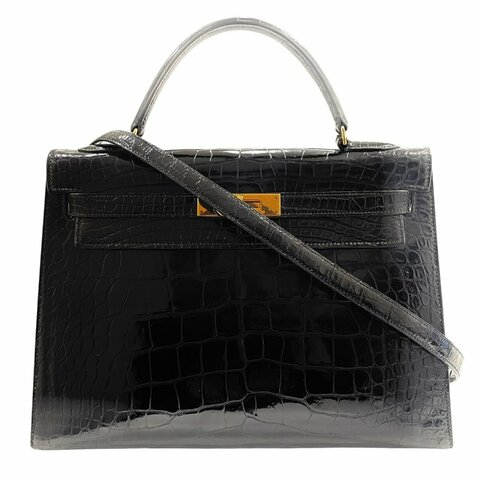 HERMES 愛馬仕 KELLY 32 鱷魚皮凱莉包 短吻鱷皮革 黑色 金釦