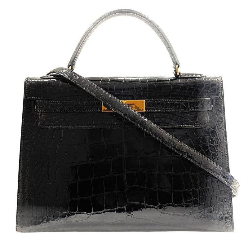 HERMES 愛馬仕 KELLY 32 鱷魚皮凱莉包 短吻鱷皮革 黑色 金釦-0