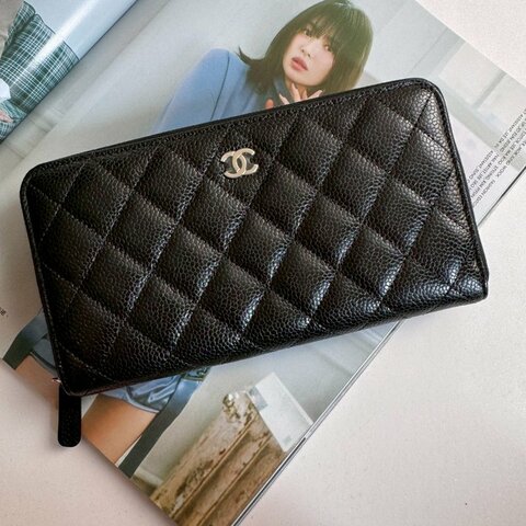 💥全新商品 💥Chanel 黑色荔枝銀雙C拉鍊長夾